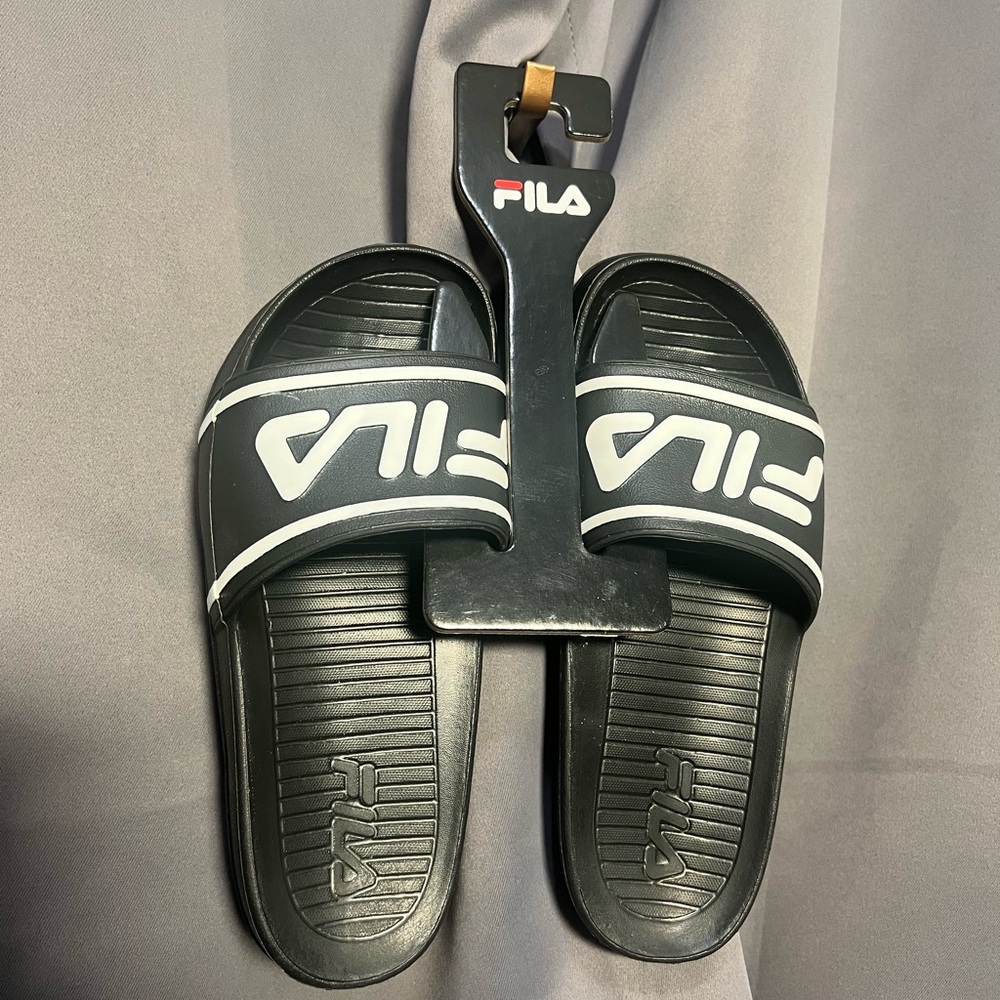 Fila Black and White Sleek Slide Sandals